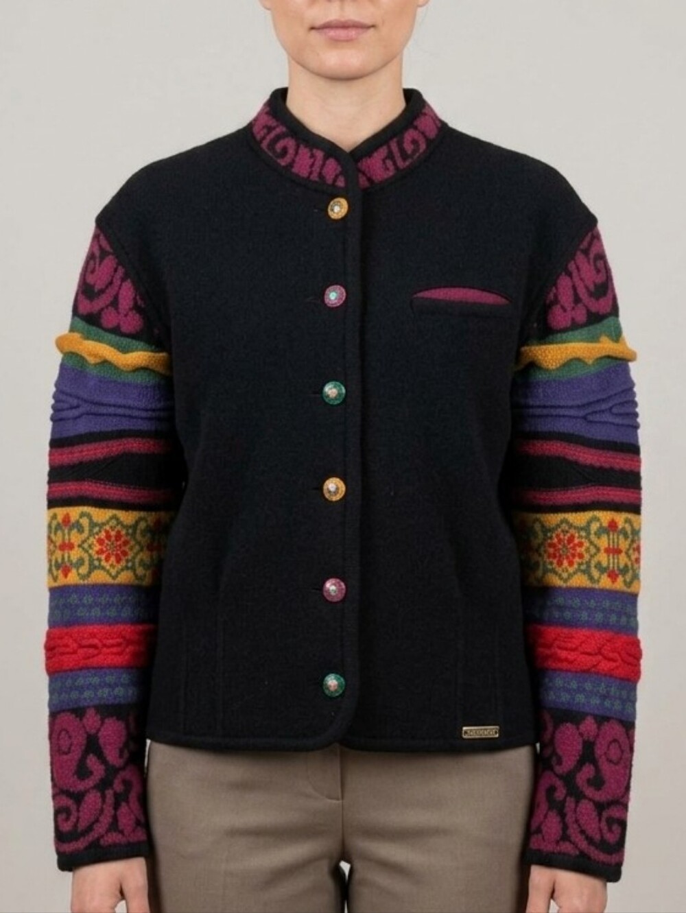 Geiger Black Wool Blend Cardigan with Multicolor Patterned Sleeves